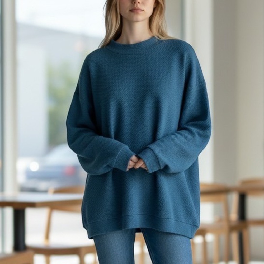 Lands End Tunic Top Womens 3X Blue Excellent Textured Waffle Mock Neck Pullover